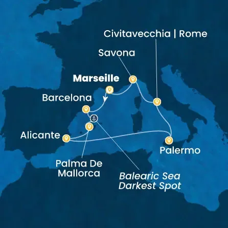 Route 8 Nächte Frankreich, Spanien, Balearen (Spanien), Italien