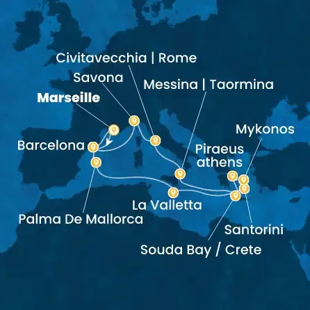 Route 16 Nächte - Frankreich,  Spanien,  Balearen (Spanien),  Malta,  Griechenland,  Italien