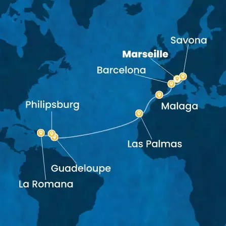Route 16 Nächte - Frankreich,  Italien,  Spanien,  Kanaren (Spanien),  Antillen,  Dominik. Republik
