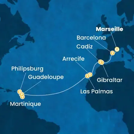Route 16 Nächte Frankreich, Spanien, Gibraltar (Großbritannien), Kanaren (Spanien), Antillen