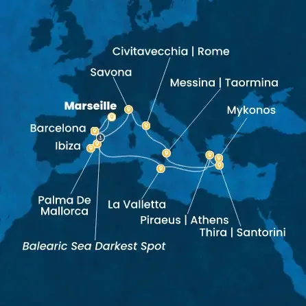 Route 16 Nächte - Frankreich,  Spanien,  Balearen (Spanien),  Malta,  Griechenland,  Italien