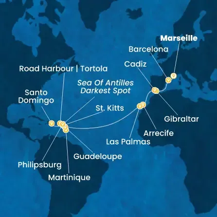 Route 20 Nächte Frankreich, Spanien, Gibraltar (Großbritannien), Kanaren (Spanien), Antillen, Jungferninseln