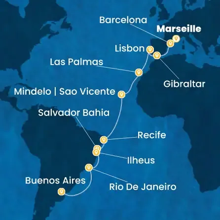 Route 21 Nächte Frankreich, Spanien, Gibraltar (Großbritannien), Portugal, Kanaren (Spanien), Kapverdische Inseln, Brasilien, Argentinien