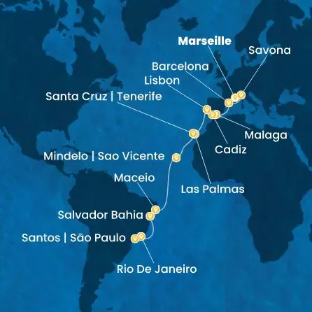 Route 22 Nächte - Frankreich,  Italien,  Spanien,  Portugal,  Kanaren (Spanien),  Kapverdische Inseln,  Brasilien