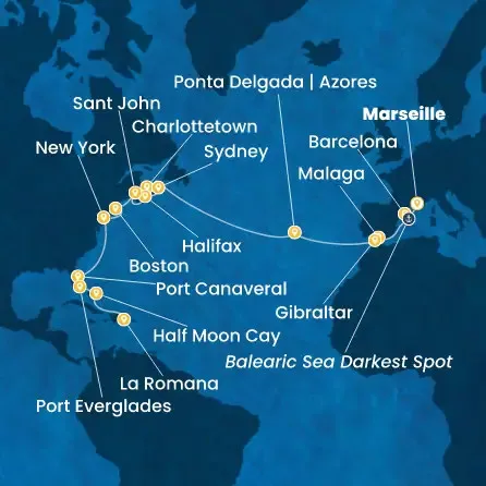 Route 27 Nächte Frankreich, Spanien, Gibraltar (Großbritannien), Azoren, Kanada, USA, Florida, Dominik. Republik