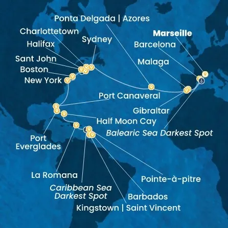 Route 31 Nächte Frankreich, Spanien, Gibraltar (Großbritannien), Azoren, Kanada, USA, Florida, Dominik. Republik, Antillen