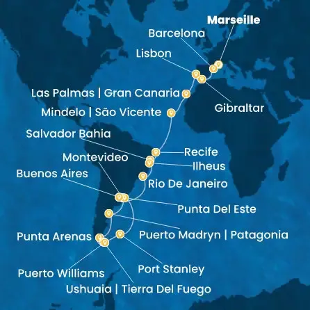 Route 35 Nächte Frankreich, Spanien, Gibraltar (Großbritannien), Portugal, Kanaren (Spanien), Kapverdische Inseln, Brasilien, Argentinien
