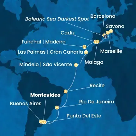 Route 25 Nächte Uruguay, Argentinien, Brasilien, Kapverdische Inseln, Kanaren (Spanien), Madeira, Spanien, Frankreich, Italien
