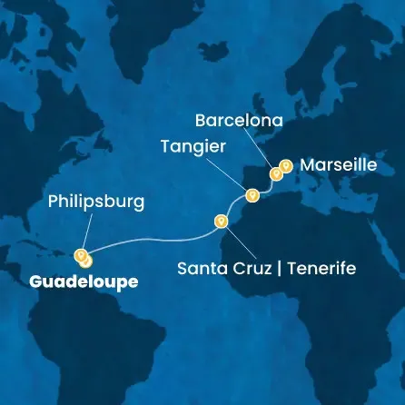 Route 13 Nächte Antillen, Kanaren (Spanien), Marokko, Spanien, Frankreich