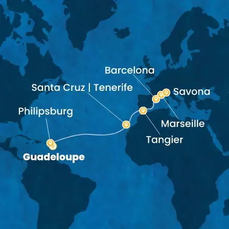Route 14 Nächte Antillen, Kanaren (Spanien), Marokko, Spanien, Frankreich, Italien