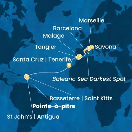 Route 16 Nächte Antillen, Kanaren (Spanien), Marokko, Spanien, Frankreich, Italien