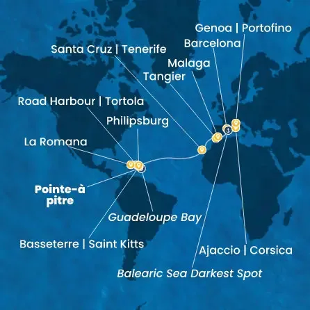 Route 19 Nächte Antillen, Jungferninseln, Dominik. Republik, Kanaren (Spanien), Marokko, Spanien, Korsika (Frankreich), Italien