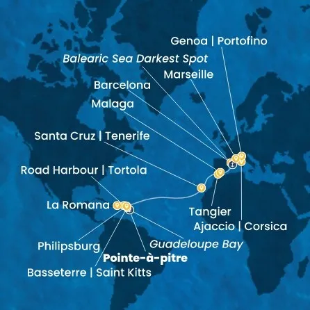 Route 20 Nächte Antillen, Jungferninseln, Dominik. Republik, Kanaren (Spanien), Marokko, Spanien, Korsika (Frankreich), Italien, Frankreich