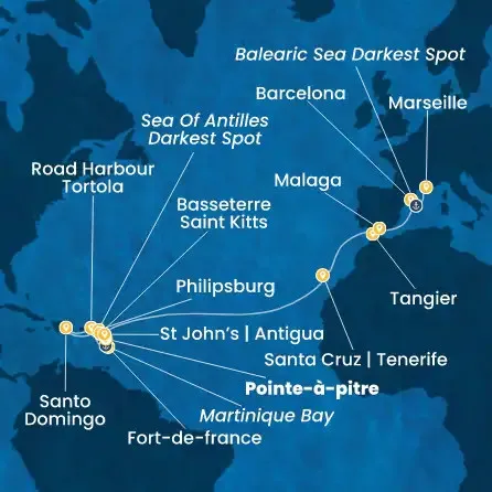 Route 22 Nächte - Antillen,  Jungferninseln,  Kanaren (Spanien),  Marokko,  Spanien,  Frankreich