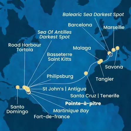 Route 23 Nächte - Antillen,  Jungferninseln,  Kanaren (Spanien),  Marokko,  Spanien,  Frankreich,  Italien