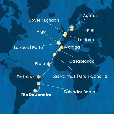 Route 25 Nächte Brasilien, Kanaren (Spanien), Marokko, Spanien, Portugal, Frankreich, Großbritannien, Dänemark, Deutschland
