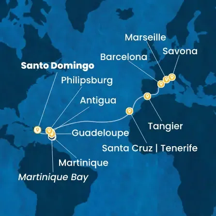 Route 18 Nächte Antillen, Kanaren (Spanien), Marokko, Spanien, Frankreich, Italien