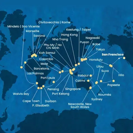 Route 100 Nächte USA, Hawaii, Polynesien, Fidschi-Inseln, Neukaledonien, Australien, Japan, Südkorea, Taiwan, China, Vietnam, Singapur, Malaysia