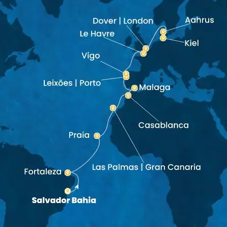 Route 22 Nächte Brasilien, Kanaren (Spanien), Marokko, Spanien, Portugal, Frankreich, Großbritannien, Dänemark, Deutschland