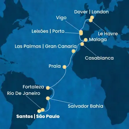 Route 22 Nächte Brasilien, Kanaren (Spanien), Marokko, Spanien, Portugal, Frankreich, Großbritannien