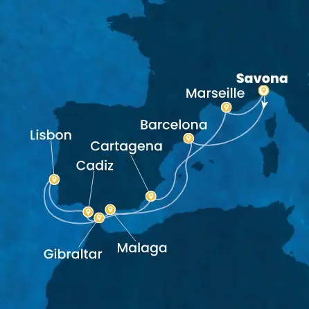 Route 11 Nächte - Italien,  Spanien,  Portugal,  Gibraltar (Großbritannien),  Frankreich