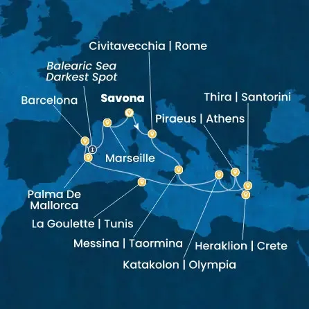 Route 14 Nächte - Italien,  Griechenland,  Tunesien,  Balearen (Spanien),  Spanien,  Frankreich