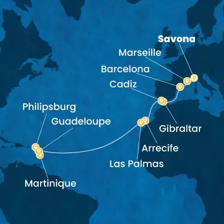 Route 17 Nächte Italien, Frankreich, Spanien, Gibraltar (Großbritannien), Kanaren (Spanien), Antillen