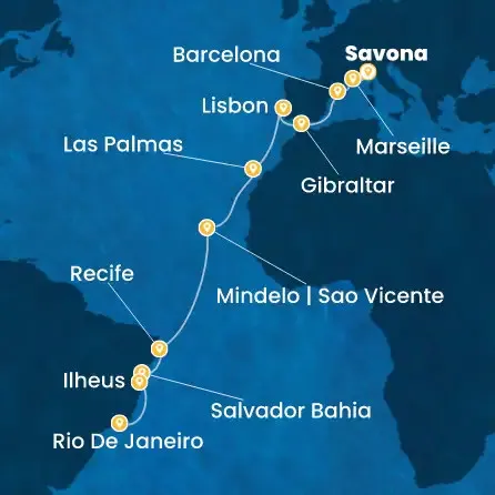 Route 19 Nächte - Italien,  Frankreich,  Spanien,  Gibraltar (Großbritannien),  Portugal,  Kanaren (Spanien),  Kapverdische Inseln,  Brasilien
