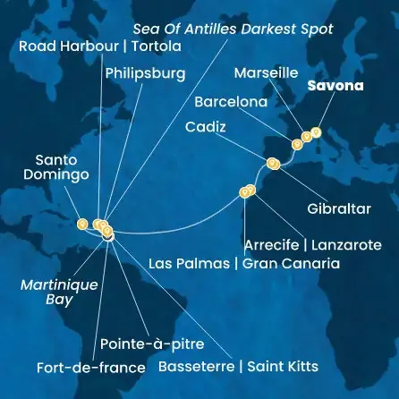 Route 24 Nächte Italien, Frankreich, Spanien, Gibraltar (Großbritannien), Kanaren (Spanien), Antillen, Jungferninseln