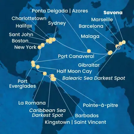 Route 32 Nächte Italien, Frankreich, Spanien, Gibraltar (Großbritannien), Azoren, Kanada, USA, Florida, Dominik. Republik, Antillen
