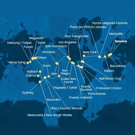 Route 90 Nächte Italien, Frankreich, Spanien, Portugal, Azoren, USA, Florida, Mexiko, USA, Hawaii, Polynesien, Fidschi-Inseln, Neukaledonien
