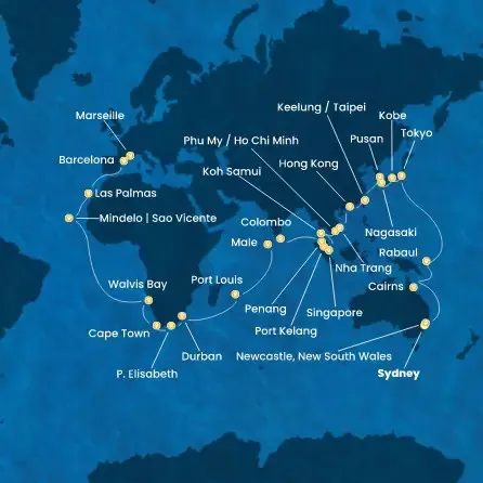 Route 72 Nächte Australien, Japan, Südkorea, Taiwan, China, Vietnam, Singapur, Malaysia, Sri Lanka, Malediven, Mauritius, Südafrikas, Namibia