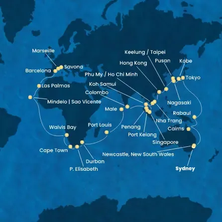 Route 73 Nächte Australien, Japan, Südkorea, Taiwan, China, Vietnam, Singapur, Malaysia, Sri Lanka, Malediven, Mauritius, Südafrikas, Namibia