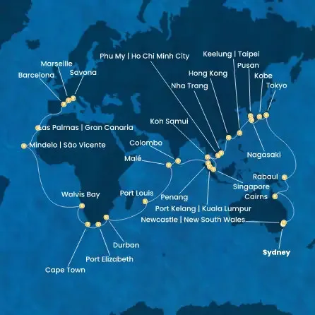 Route 73 Nächte Australien, Japan, Südkorea, Taiwan, China, Vietnam, Singapur, Malaysia, Sri Lanka, Malediven, Mauritius, Südafrikas, Namibia