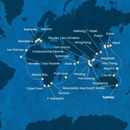 Route 74 Nächte Australien, Japan, Südkorea, Taiwan, China, Vietnam, Singapur, Malaysia, Sri Lanka, Malediven, Mauritius, Südafrikas, Namibia