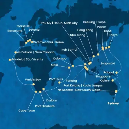Route 74 Nächte Australien, Japan, Südkorea, Taiwan, China, Vietnam, Singapur, Malaysia, Sri Lanka, Malediven, Mauritius, Südafrikas, Namibia