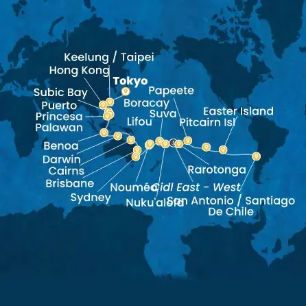 Route 51 Nächte Japan, Taiwan, China, Philippinen, Australien, Neukaledonien, Fidschi-Inseln, Tonga, Polynesien, Chile