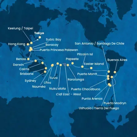 Route 65 Nächte Japan, Taiwan, China, Philippinen, Australien, Neukaledonien, Fidschi-Inseln, Tonga, Polynesien, Chile, Argentinien