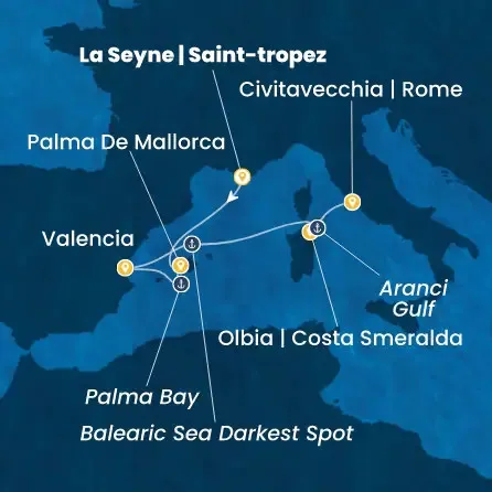 Route 5 Nächte Frankreich, Balearen (Spanien), Spanien, Italien
