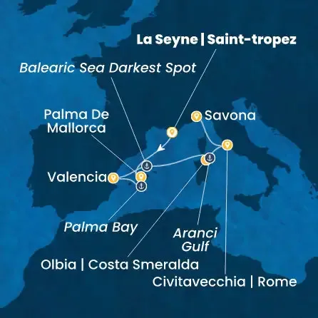 Route 6 Nächte Frankreich, Balearen (Spanien), Spanien, Italien