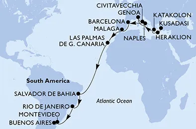 Route 25 Nächte Positionierungsfahrten ab Kusadasi bis Buenos Aires