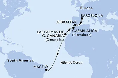 Route 11 Nächte Positionierungsfahrten ab Barcelona bis Maceió
