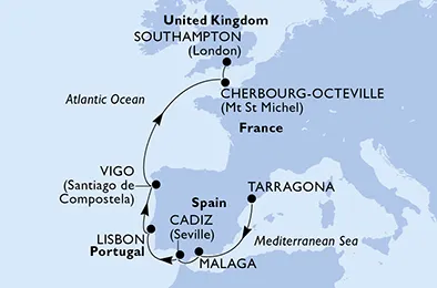 Route 9 Nächte Nordeuropa ab Tarragona bis Southampton