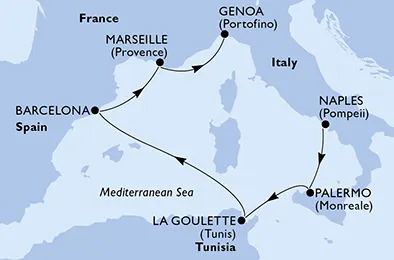 Route 6 Nächte Mittelmeer ab Neapel bis Genua