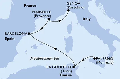 Route 5 Nächte Mittelmeer ab Sizilien/Palermo bis Genua