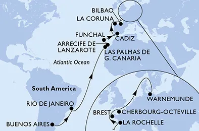 Route 24 Nächte Positionierungsfahrten ab Buenos Aires bis Warnemünde