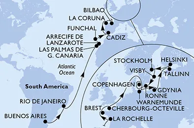 Route 34 Nächte Positionierungsfahrten ab Buenos Aires bis Kopenhagen