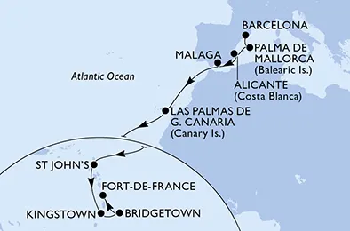 Route 15 Nächte Positionierungsfahrten ab Barcelona bis Fort De France