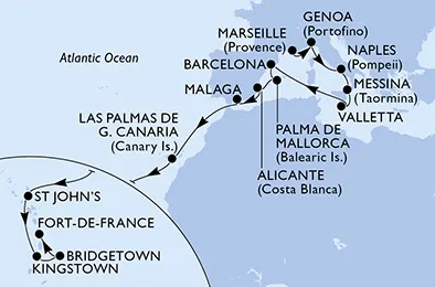 Route 21 Nächte Positionierungsfahrten ab Marseille bis Fort De France
