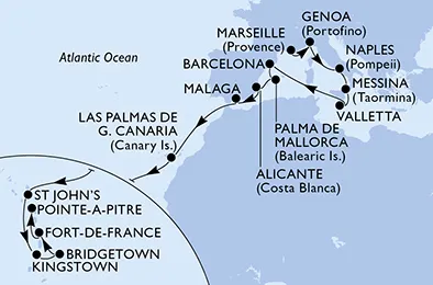 Route 22 Nächte Positionierungsfahrten ab Marseille bis Pointe A Pitre